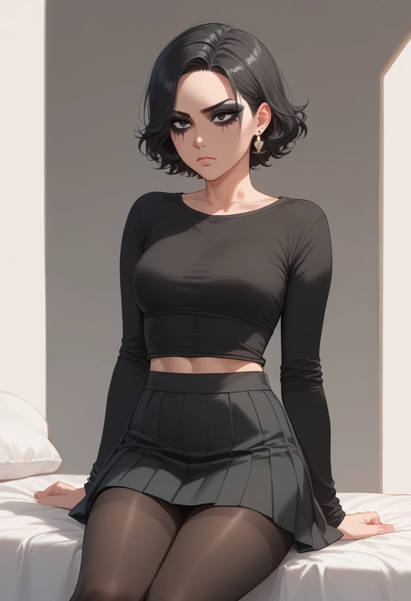    A girl with short hair is black  (( using aa camiseta preta com desenho da caveira)) , using a, (( short skirt )) ,   with black lace tights   , ((     all-black makeup   )) , Sad girl style   ., using aa máscara sinistra.