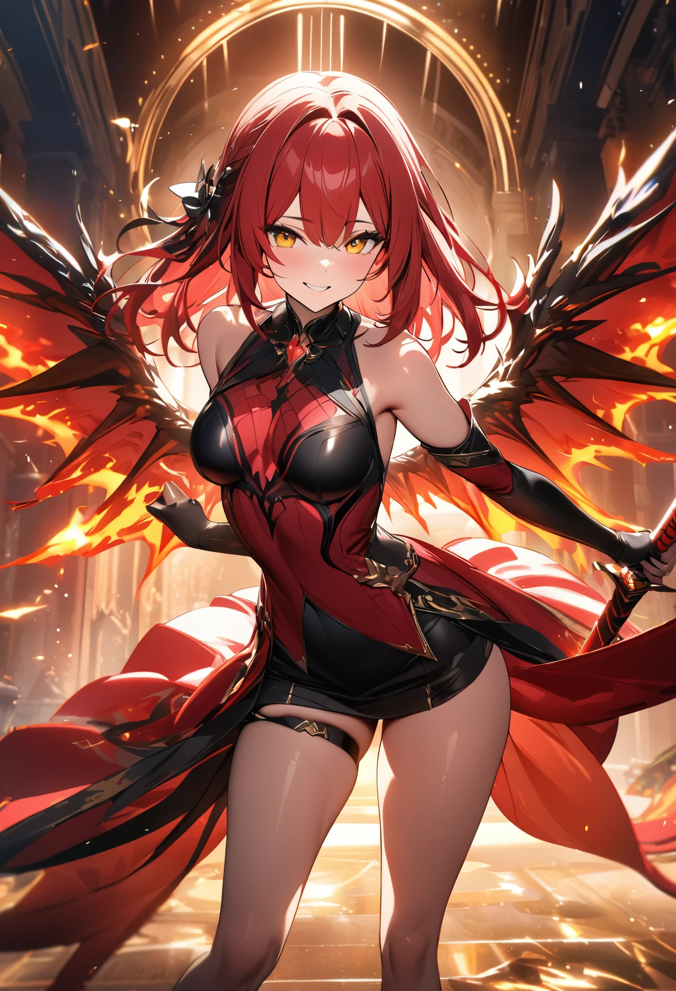 (masterpiece,  best quality:1.2,UHD,High Resolution、Detailed depiction)、 one woman、Red Hair、Black inner color、Incarnation of Fire 、Wings of Fire、 Sexy Smiles 、 sword with a red sword and a black blade、The sword is wearing fire 、Dazzling lights are scattered around、Big Magic、 dynamic lighting 、 Flashy and Luxurious Effects、Golden Time 