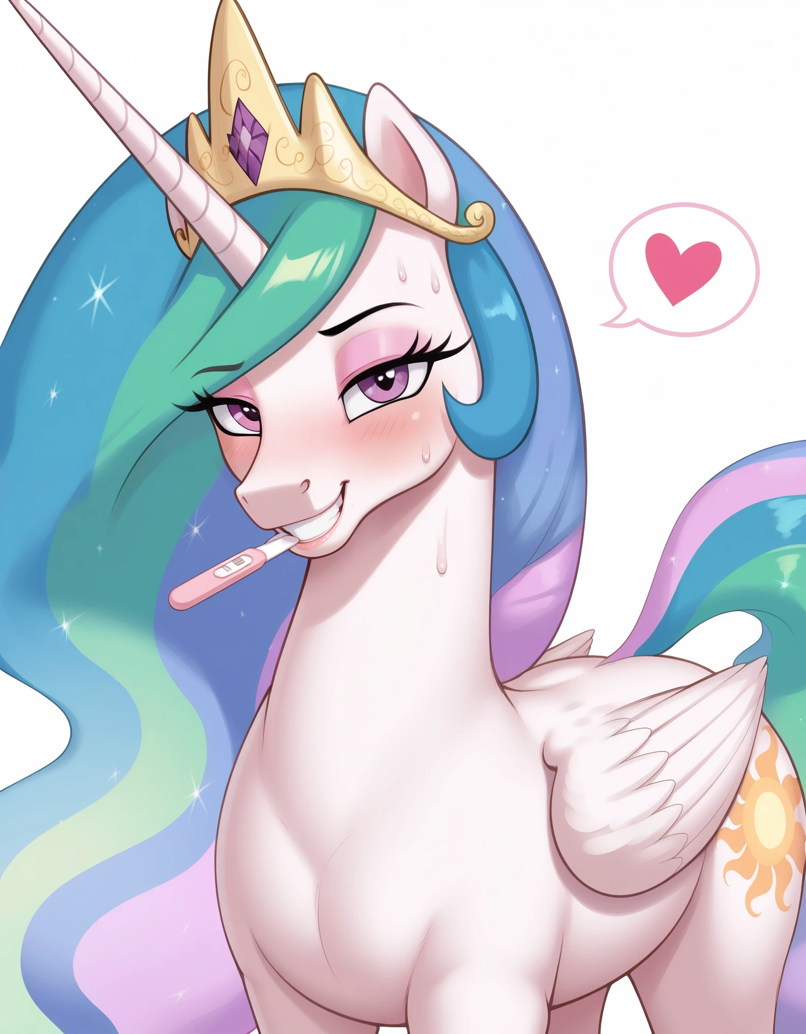 1female horse, feminine, background, blush, feminine, (solo), nude, (sweat), horse tail, feral horse, animal,  long mane, in heat, raised tail, feral celestia, (princess celestia), (alicorn), long mane, large expressive eyes, eyeshadow, (feral horse:1.4), (mature horse), bedroom-eyes, (equine face:1.2), horse face, (adult feral celestia), smile, teeth, holding pregnancy test in mouth between teeth, grin, face focus, spoken heart, glancing up at viewer, proud, smug,