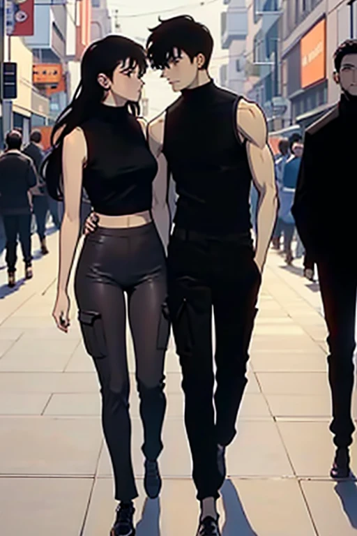  boy, black hair, brown eyes, black turtleneck tank top, cargo pants, and your girlfriend a girl, brown long hair, brown eyes, Black sleeveless top, Leggings, Couple, love, the two walking around the city