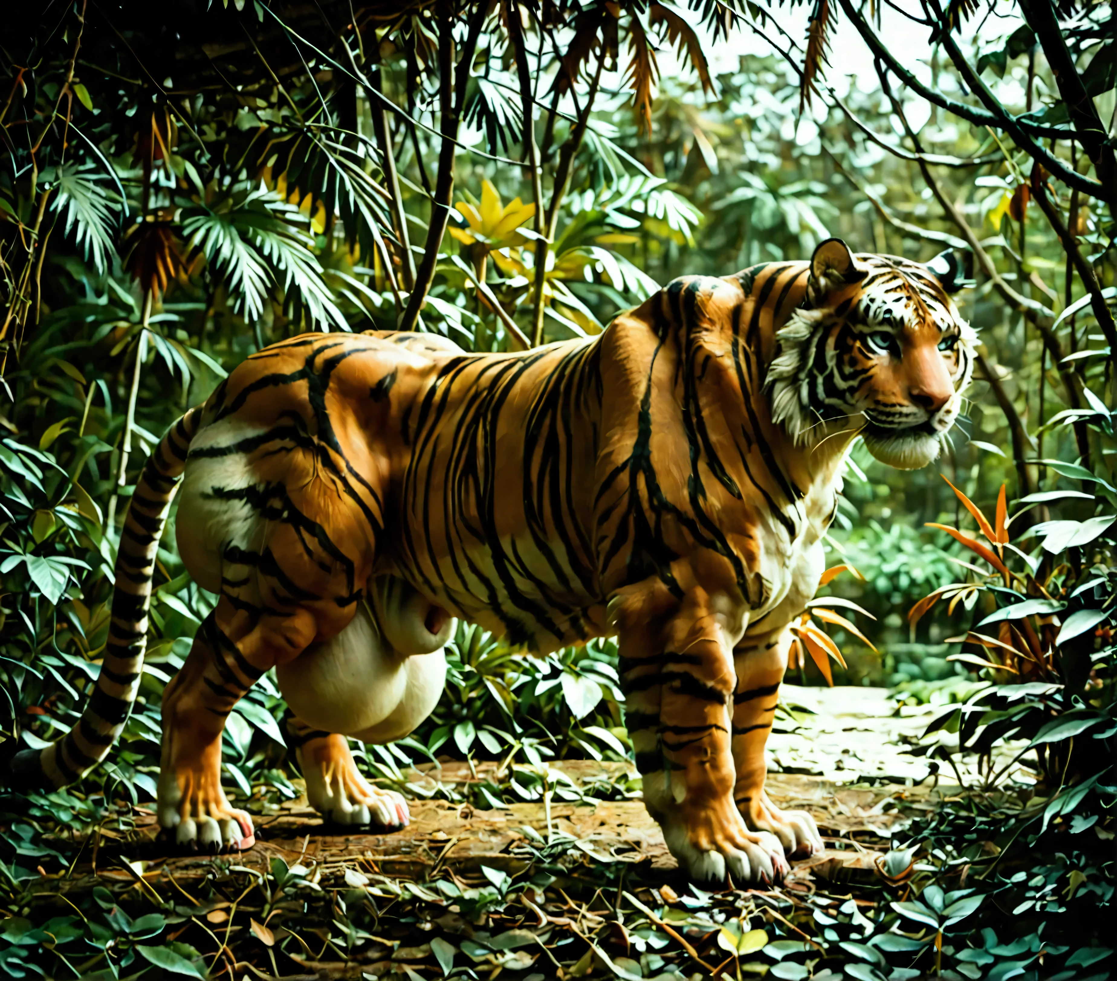 (((((A feral tiger in a realistic image. Side view of the feral tiger is in a jungle))))). ((((hyper_hyper_hyper_muscles, hyper_hyper_hyper_sheath, hyper_hyper_hyper_balls)))). (((oversized_oversized_oversized_muscles, oversized_oversized_oversized_sheath, oversized_oversized_oversized_balls))). anatomically_correct. ((((((feral)))))).