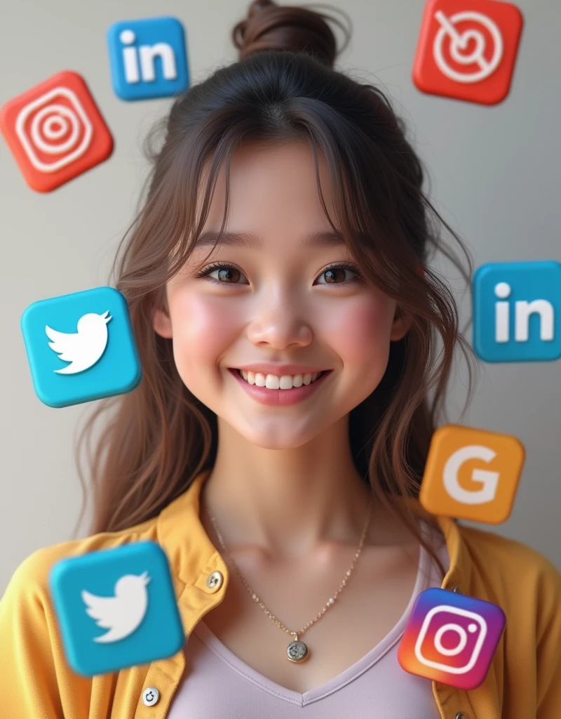 a young girl with black hair, casually dressed in a denim jacket , smiling while holding a laptop. Around her, there are several small floating icons representing various platforms or companies (including Google, Slack, and others)