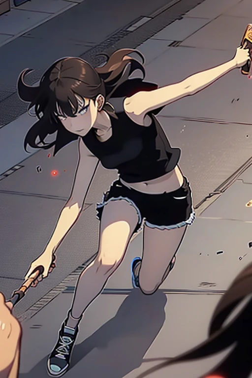  old girl, brown long hair, browns eyes, Black sleeveless top, black shorts and All Star sneakers, a castanet in hand, full body, battle scene