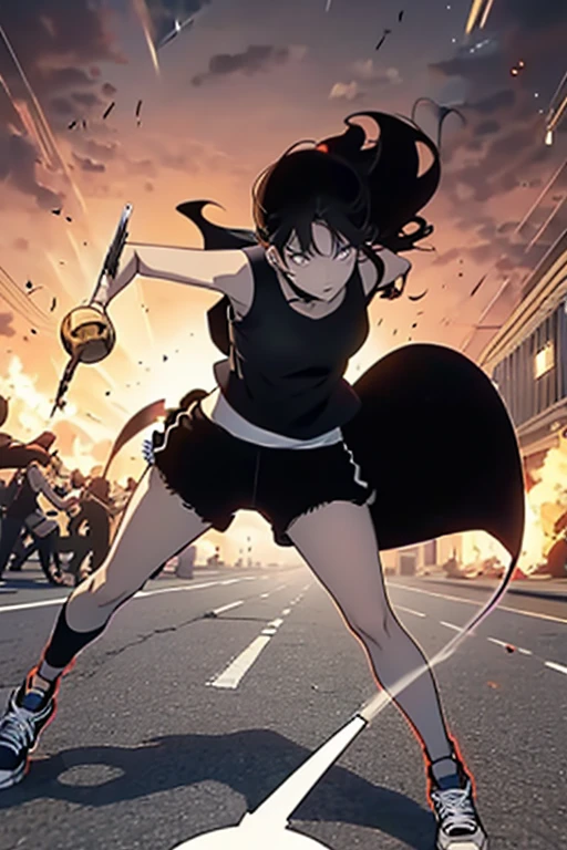  old girl, brown long hair, browns eyes, Black sleeveless top, black shorts and All Star sneakers, a castanet in hand, full body, battle scene