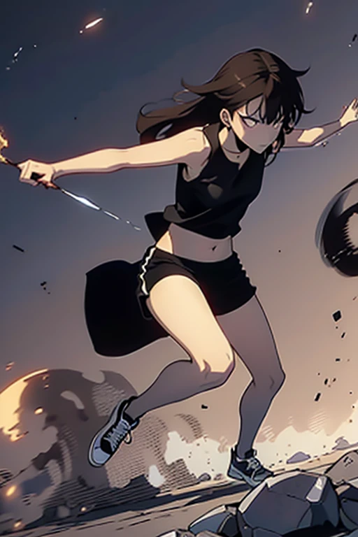  old girl, brown long hair, browns eyes, Black sleeveless top, black shorts and All Star sneakers, a castanet in hand, full body, battle scene