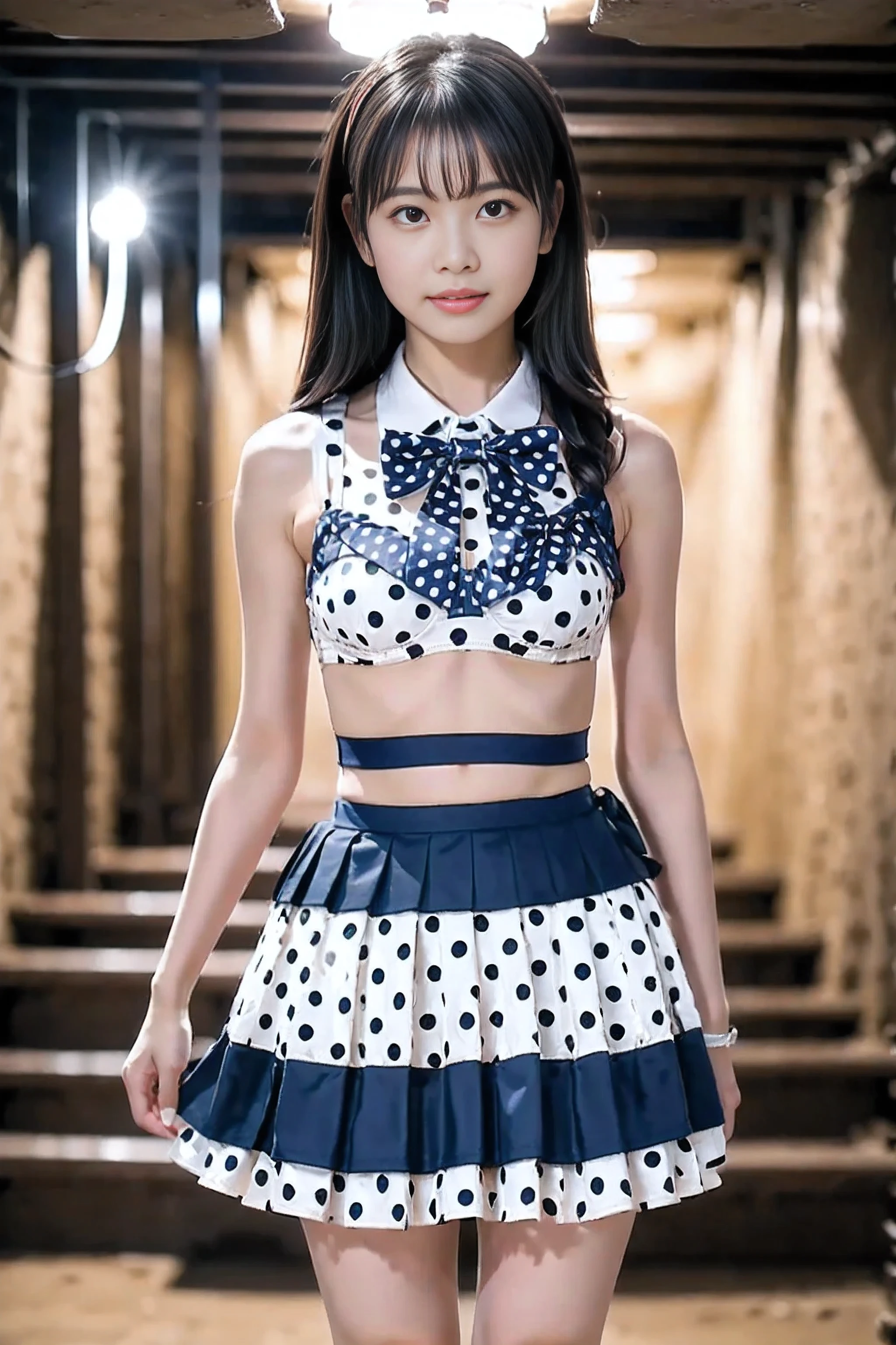 (4k, high quality, high quality, masterpiece), (brightness adjustment), (realistic), ((standing in an underground fortress)),
A beautiful girl trapped in me, brainwashed to obey me, and follow me as my pawn,
((standing in front of me, looking at me)),
One beautiful girl, Asian beautiful girl, Japanese woman,
(black hair, slender figure, petite),
((bow tie, white polka dot bra, navy blue pleated mini skirt))