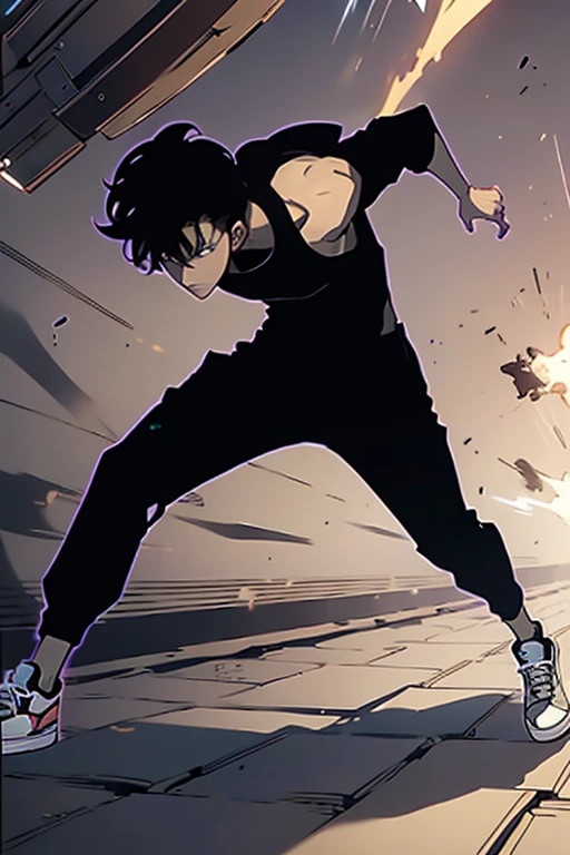 boy, black hair, brown eyes, black turtleneck tank top, cargo pants, and All Star sneakers, full body, battle scene