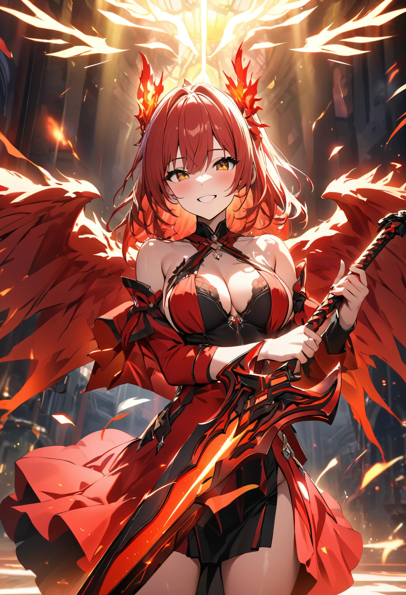 (masterpiece, best quality:1.2,UHD,High Resolution、Detailed depiction)、One sexy beauty 、Red Hair、White inner color、Incarnation of Fire 、Wings of Fire、 Sexy Smiles 、 sword with a red sword and a black blade、The sword is wearing fire 、Dazzling lights are scattered around、 raises a sword to the sky and unleashes great magic、 dynamic lighting 、 Flashy and Luxurious Effects、Golden Time