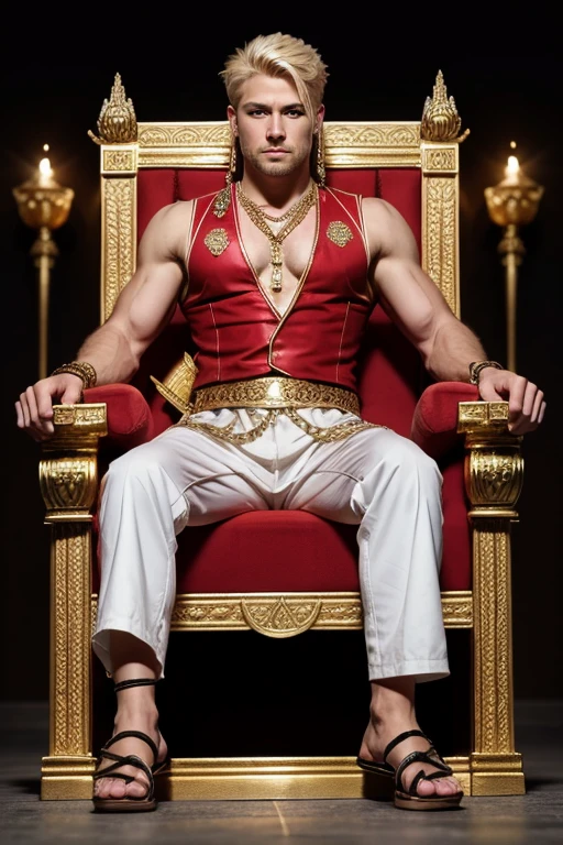 full view full body, white skinned King Xerxes, looking young and hansome, with no hair, no beard, no moustache, He is totally waxed, without a single hair, over-muscular with his over-inflated and over-bloated shoulders,legs, pecs, biceps and abs, is covered with dozens gold jewelery, rings, bracelets, necklaces and dozens of gold piercings on all body and face, golden sandals, arrogantly seated on his golden assyrian throne