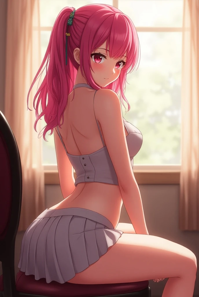 4k, twin tails ,Lens flare, pink hair ,mascara, eyeliner, god rays, 4k, 8k, best quality, masterpiece, hyper detailed, intricate detail, 1girl, solo, detailed, Detailed fuschia hair ++, detailed pink eyes ++,  raytracing, perfect shadow, highres, enhanced eyes,  huge breasts, horns, pink galaxy eyes, huge ass, booty, massive ass, on the web, panties, white crop top, bedroom, evil grin, underboob