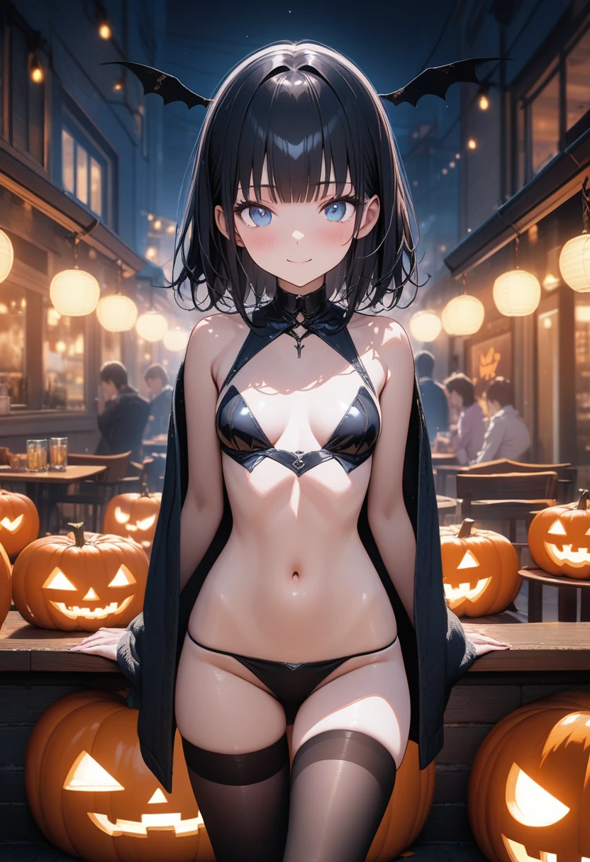 Cartoon goth girl with blue skin, black hair, visible niples, and large pumpkins