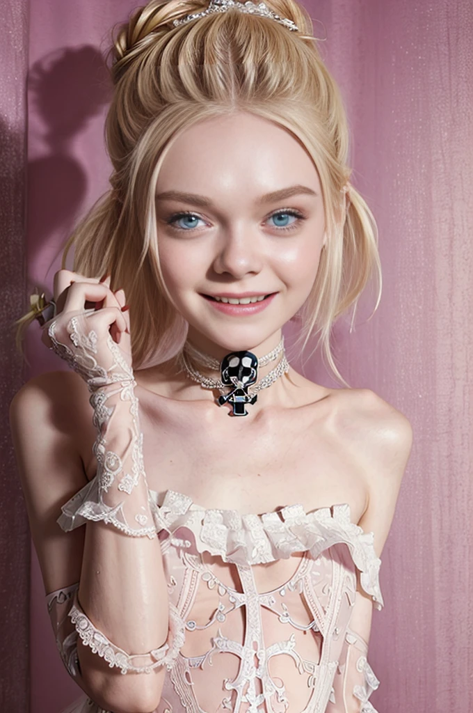 Super Skinny blonde Elle fanning, wearing pink wedding dress, she has a very long penis, she is grabbing her own penis, skull and crossbones tattoos all over her body, short hair tied up in a bun, screaming, smiling, her penis is huge, her penis is one meter long, choker, Lolita