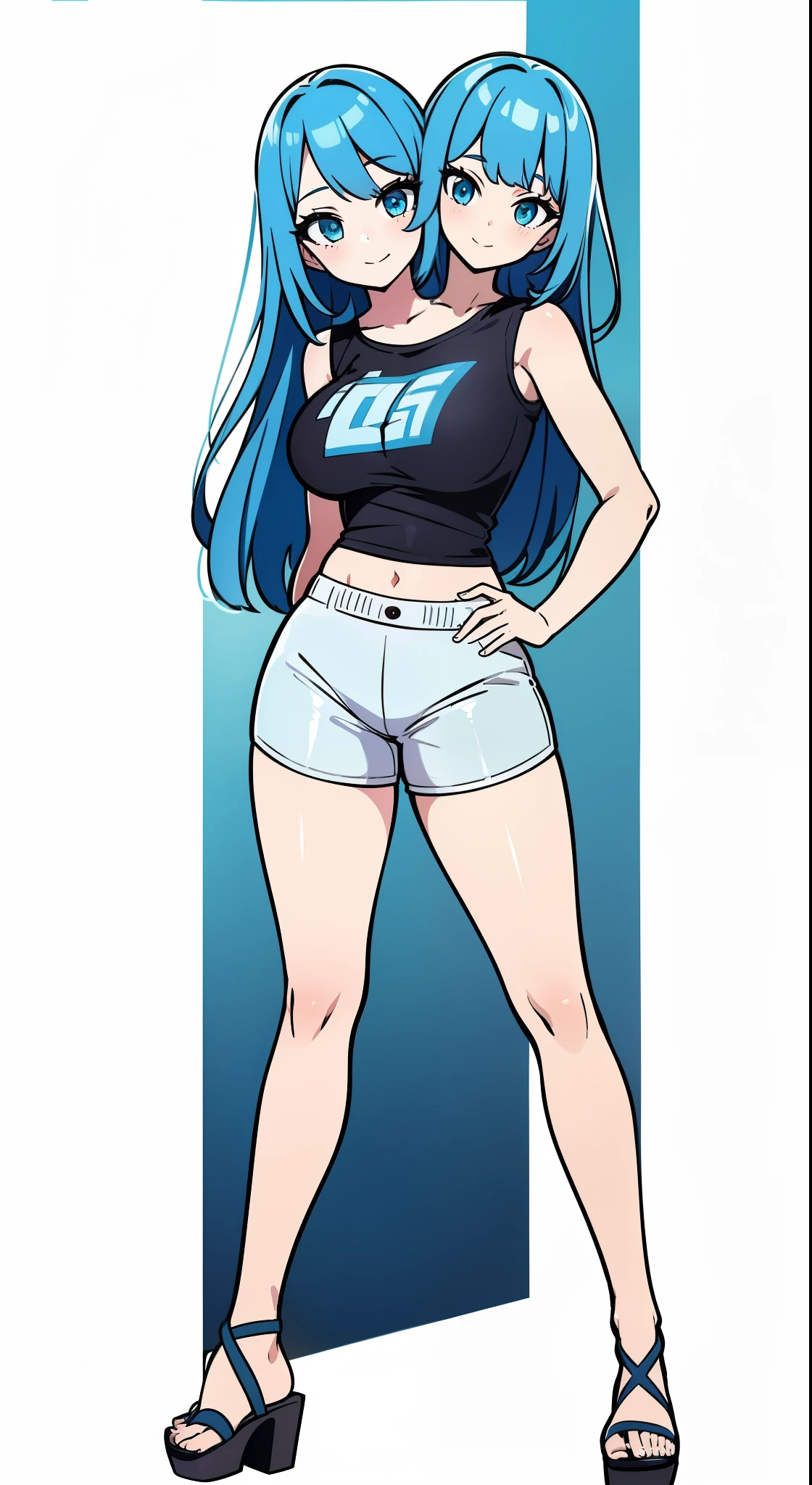 (masterpiece),(ultra-detailed), (high quality), (high resolution), (best quality:1.5, highres, UHD), highres, absurdo, ultra detail, ultra quality, ((2heads:1.5)), 1girl, Ultra resolution, 16k, best quality, 1girl, ((blue hair)), long hair, ((light blue eyes)), ((blue sleeveless t shirt)), ((5 foot girl)), girl, midriff, ((white shorts)), gentle smile, blushing, ((detailed eyes)), tall woman, ((full body)), sandals, ((single piece outfit))