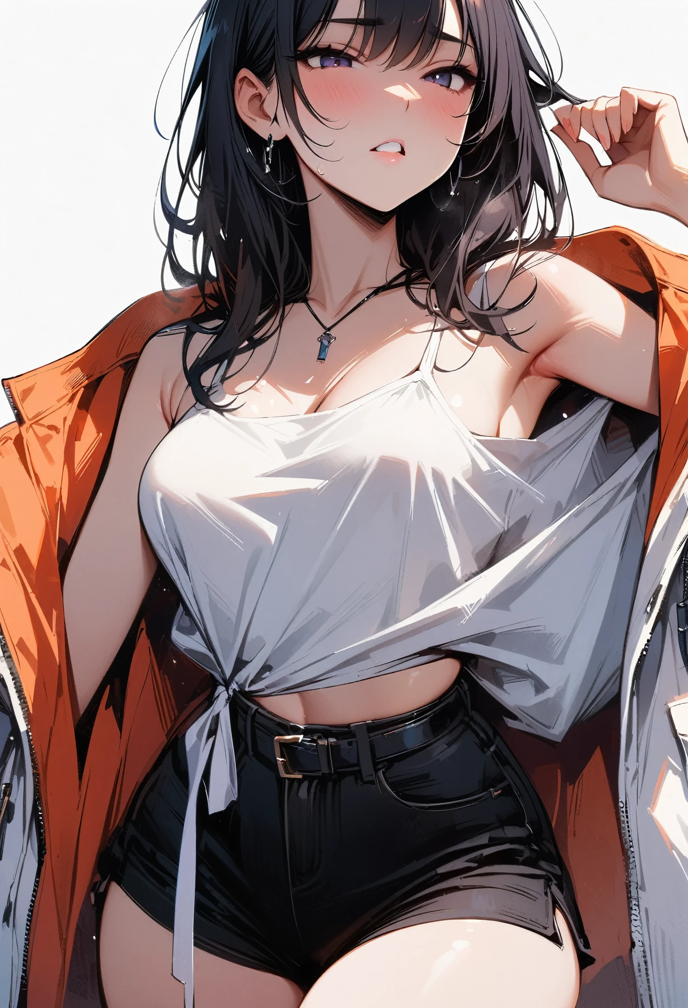 (8K、Highest image quality、best quality、masterpiece)、Detailed face、1 girl、12 years old,large breasts,black hair、((single bun))、blunt bangs、gray eyes、earrings、smile showing teeth、The chest is moderate、white sweater、Off the shoulders、Strapless、long sleeve、belly button、Denim shorts、Cowboy shooting、fluid in ass、Fluid on the thighs、flowing liquid(Attractive ass:1.2),、exposed、disheveled、Clothing that fits snugly,exposed的胸部、(((Wet clothing))),tube top,(((ultra-thin clothing))),(Body model),((body outline)),(Stride),grinning, blush,Hyperactive expression,crotch friction,protuberance,