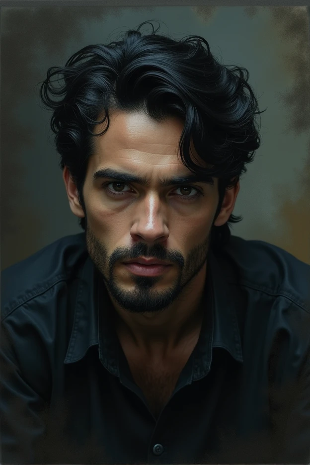 30 years old man,black hair,no beards,Dark Background, Super Hyber Detail, High Detail, High Quality, 16k, Faded, Unique, Creative, Haze , Oil Colors , Pencil Drawing Art, By Shining,wongapril,Extremely Realistic