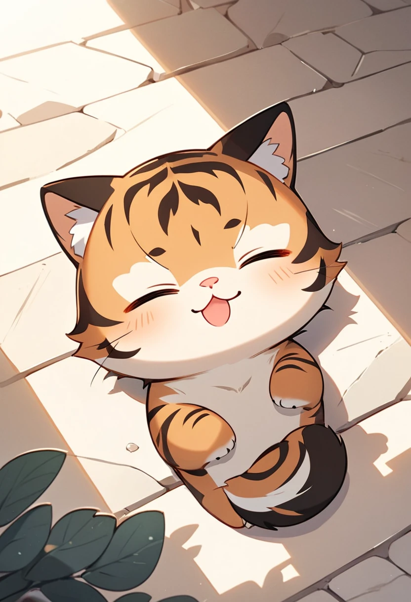 masterpiece, best quality, 8k, highres, simple illustration, chibi,tiger-striped cat, lie down, relax, closing eyes,grooming, self Grooming,tongue,stone steps, cute, minimalistic, orange and black fur, tilted head, soft lighting, white stone background, warm atmosphere, cartoon style, clean lines, minimal shadows