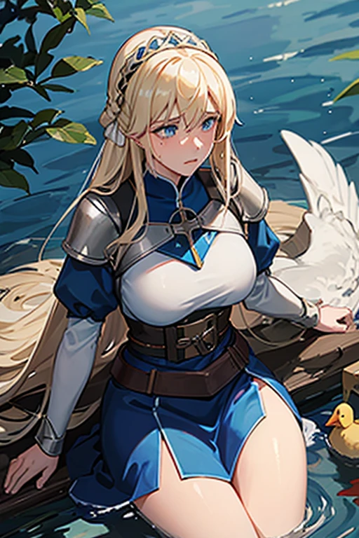 Joan of the bow with blond hair and long blue eyes big breasts sitting on the duck praying and crying at the end of a battle