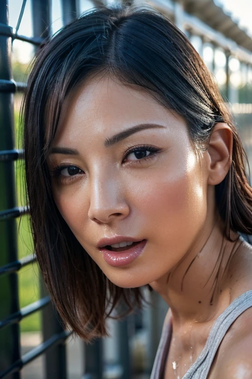 masutepiece,award - winning photo, Extremely detailed, edgOrgasm, Woman with mouth open and eyes closed , Chiseled face、Tank Tops、sharp nose、elongated nostrils、Skin shiny with sweat、Illumination that emphasizes shiny sweat{Realistic nostrils}, A dark-haired、On a park bench、You can see children playing in the park、There are a lot of people in the background,There are several children nearby、well-shaped breasts、Sweat,Face shining with sweat、Skin shiny with sweat、