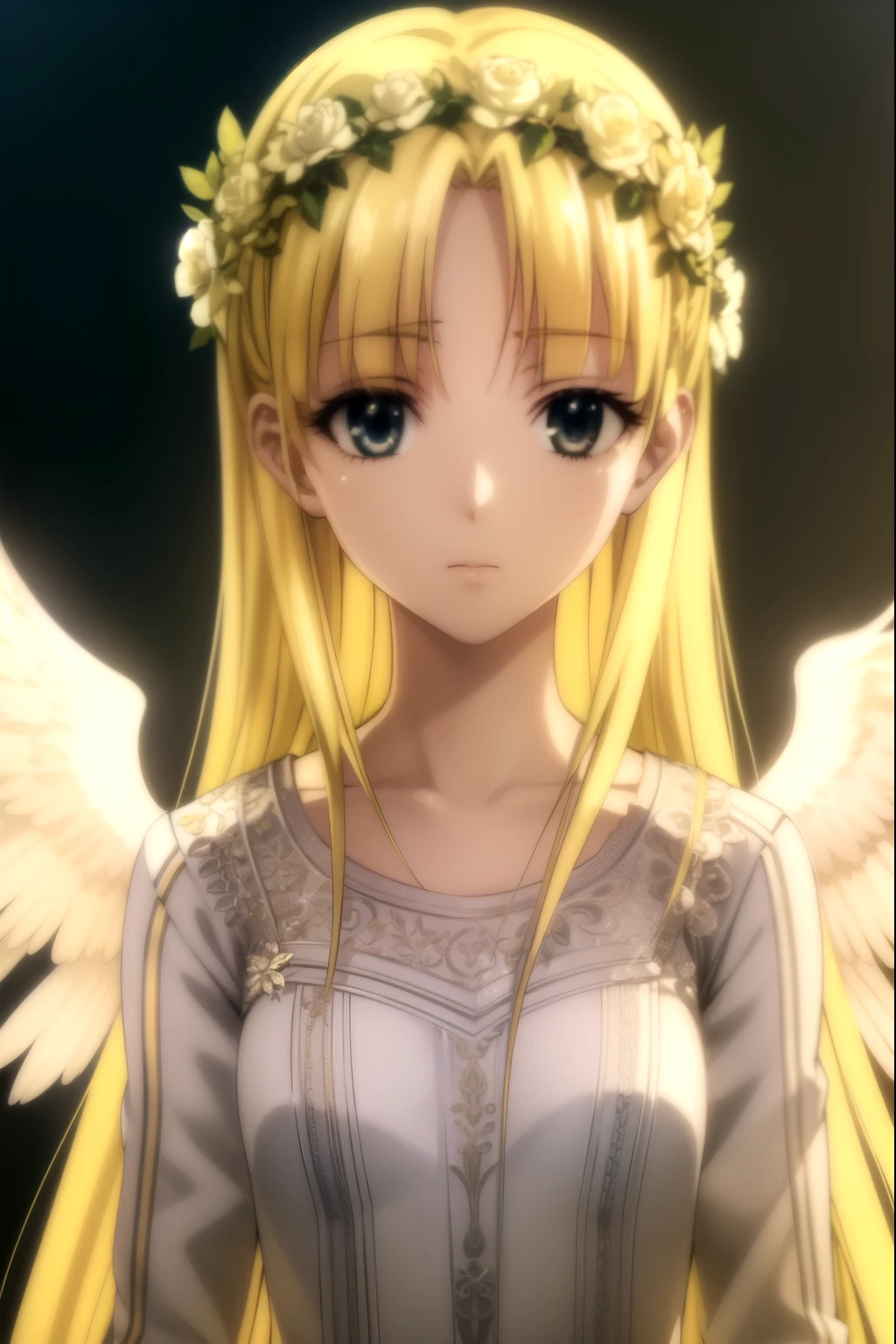 A beautiful young girl with yellow hair and angelic wings, highly detailed anime style illustration, 1girl, detailed facial features, long eyelashes, flower crown, elegant pose, cinematic lighting, vibrant colors, digital painting, masterpiece, photorealistic, 8k, best quality