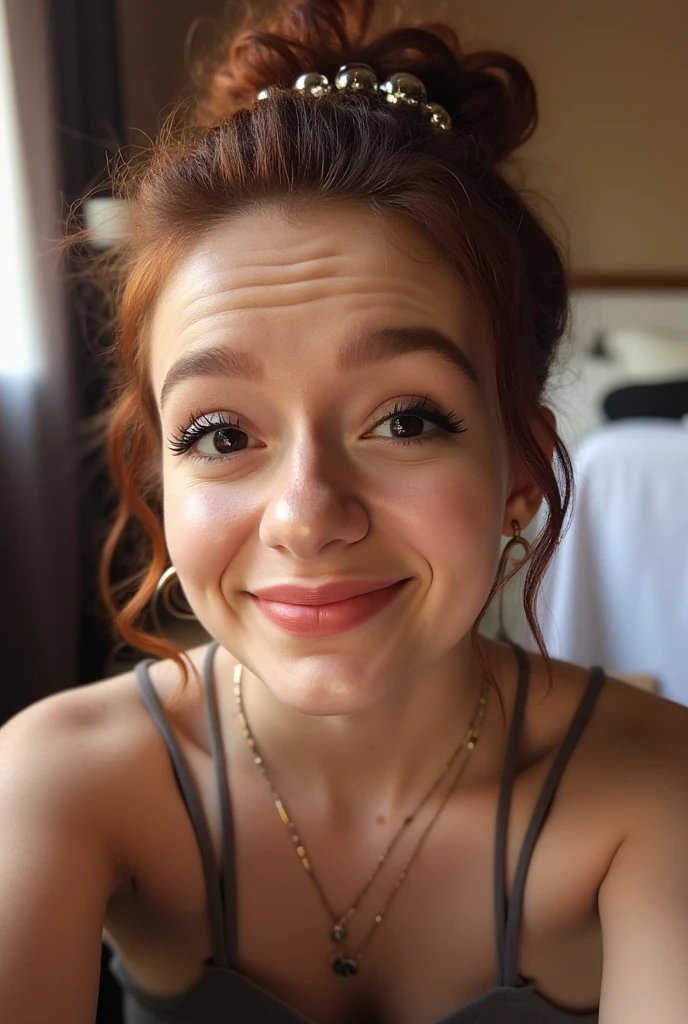 The image is a high-resolution photograph of a young woman taking a selfie in what appears to be a cozy, indoor setting. She is a Caucasian woman with fair skin, freckles, and auburn hair styled in a loose updo with a metallic hair tie. Her facial expression is playful, with a slight smile and raised eyebrows, and she is wearing dark, bold makeup including eyeliner and lipstick.