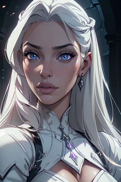 a beautiful female necromancer, highly detailed, beautiful detailed eyes, beautiful detailed lips, extremely detailed face and portrait, long eyelashes, white latex dress, white hair, glowing hands, dark fantasy, dark magic, finalfantasy style, cinematic lighting, dramatic colors, dark moody atmosphere, (best quality,4k,8k,highres,masterpiece:1.2),ultra-detailed,(realistic,photorealistic,photo-realistic:1.37)