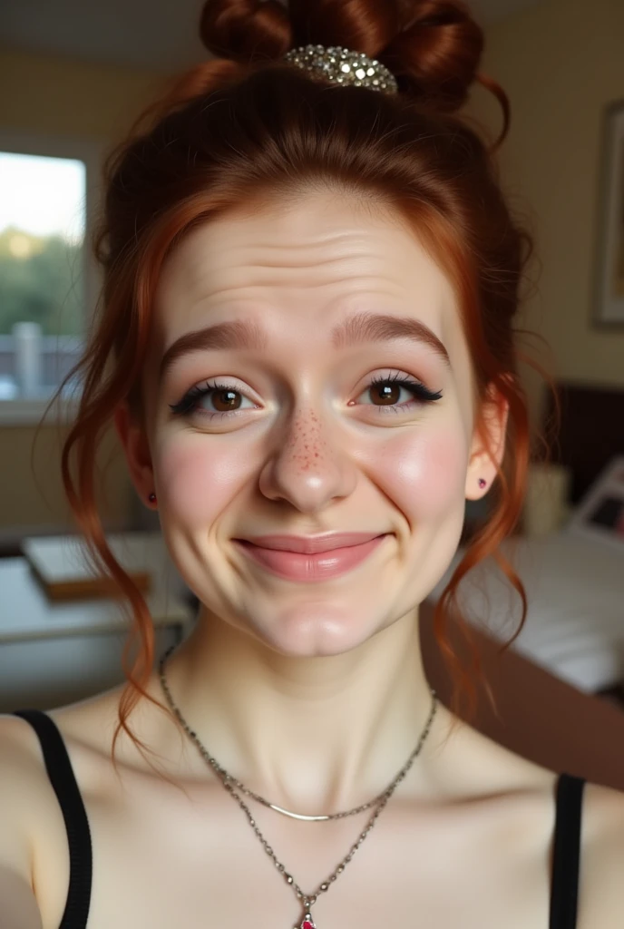 The image is a high-resolution photograph of a young woman taking a selfie in what appears to be a cozy, indoor setting. She is a Caucasian woman with fair skin, freckles, and auburn hair styled in a loose updo with a metallic hair tie. Her facial expression is playful, with a slight smile and raised eyebrows, and she is wearing dark, bold makeup including eyeliner and lipstick.