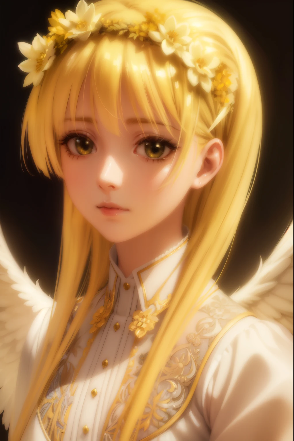 A beautiful young girl with yellow hair and angelic wings, highly detailed anime style illustration, 1girl, detailed facial features, long eyelashes, flower crown, elegant pose, cinematic lighting, vibrant colors, digital painting, masterpiece, photorealistic, 8k, best quality