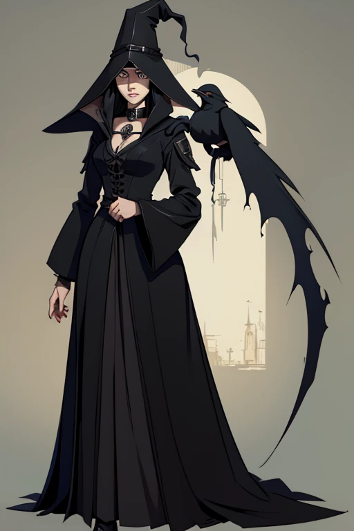 A female plague doctor. She would have totally black hair, her hair is short and messy. Her eyes would also be black and she would be very tall, having the appearance and stature of an adult. Her clothes would cover her entire body except for her face.