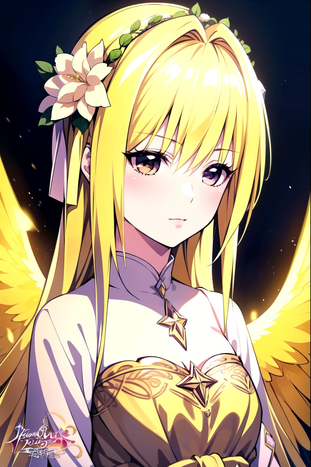 A beautiful young girl with yellow hair and angelic wings, highly detailed anime style illustration, 1girl, detailed facial features, long eyelashes, flower crown, elegant pose, cinematic lighting, vibrant colors, digital painting, masterpiece, photorealistic, 8k, best quality