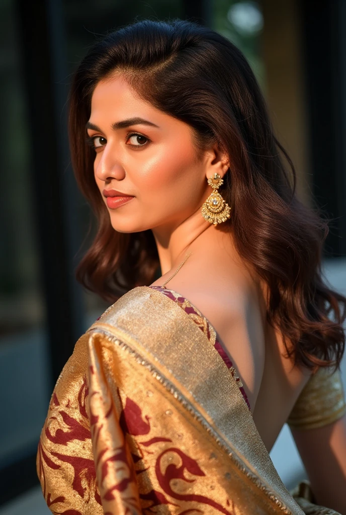 a beautiful woman in a saree, bare back, topless, detailed portrait, highly detailed face, detailed eyes, realistic, photorealistic, 8k, cinematic lighting, bright color tones, glowing skin, intricate fabric details, elegant pose, dramatic shadows, golden jewelry, mystical atmosphere, busty naked , Pooja 