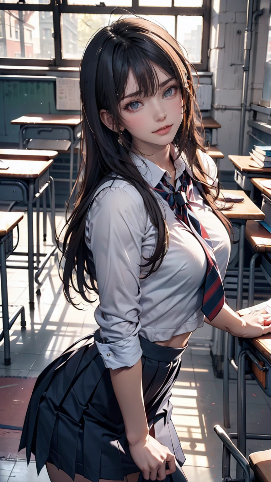 ((masterpiece)),((best quality)),absurdres, 1girl, 1boy, squatting cowgirl position, pov, school uniform, (classroom:1.1), sunlight, (half-closed eyes:0.4), (parted lips:1.4), (nose blush:1.2), light smile,