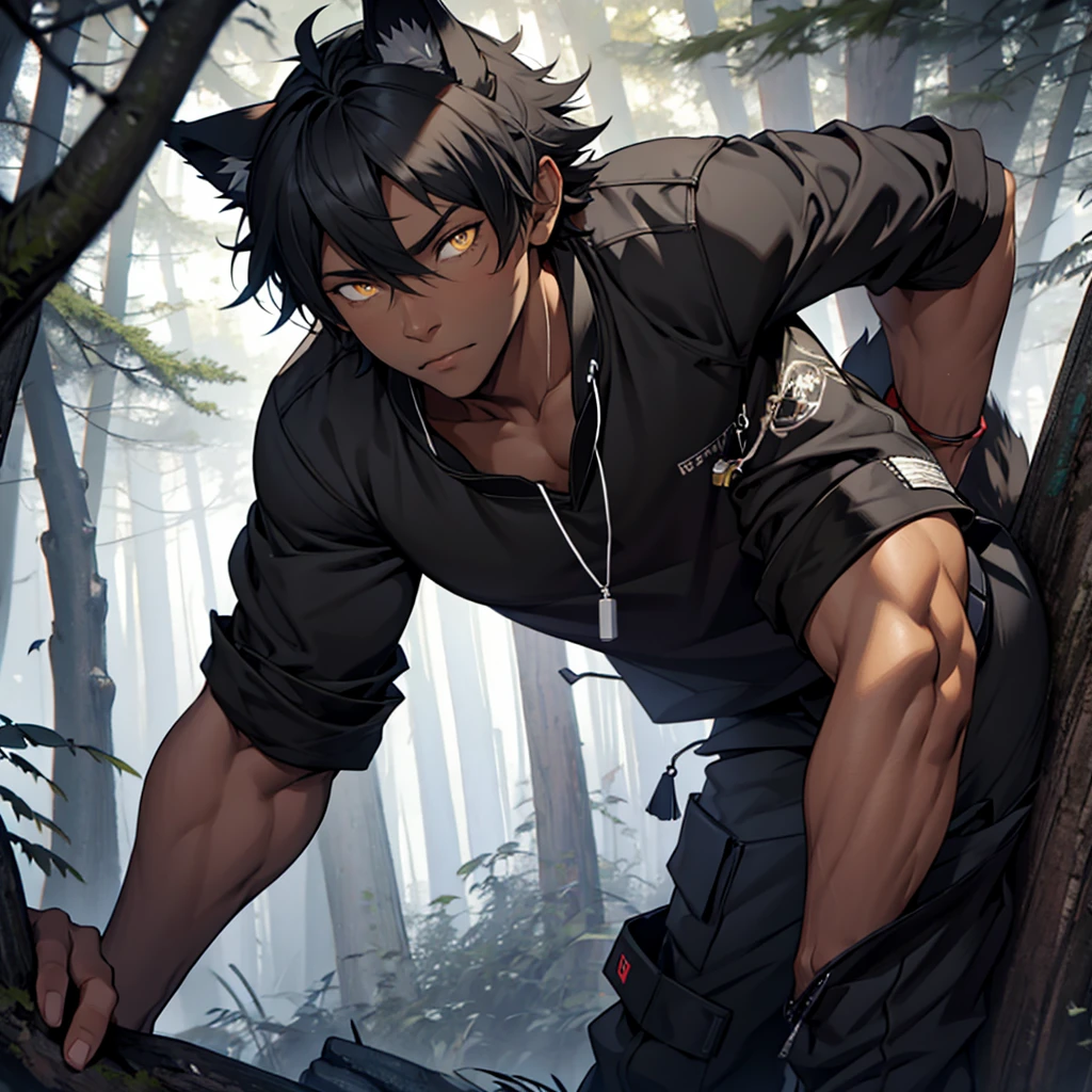 [femboy, mature: 1.5, twink, Amorphous] [dark skin tone: 1.0, yellow eyes, shaggy black short hair, black wolf ears, black fuzzy tail] [shirtless, black cargo pants] [night time, upward camera angle] [detail eyes, detail face, detail hand] [alone, shy expression, forest setting]