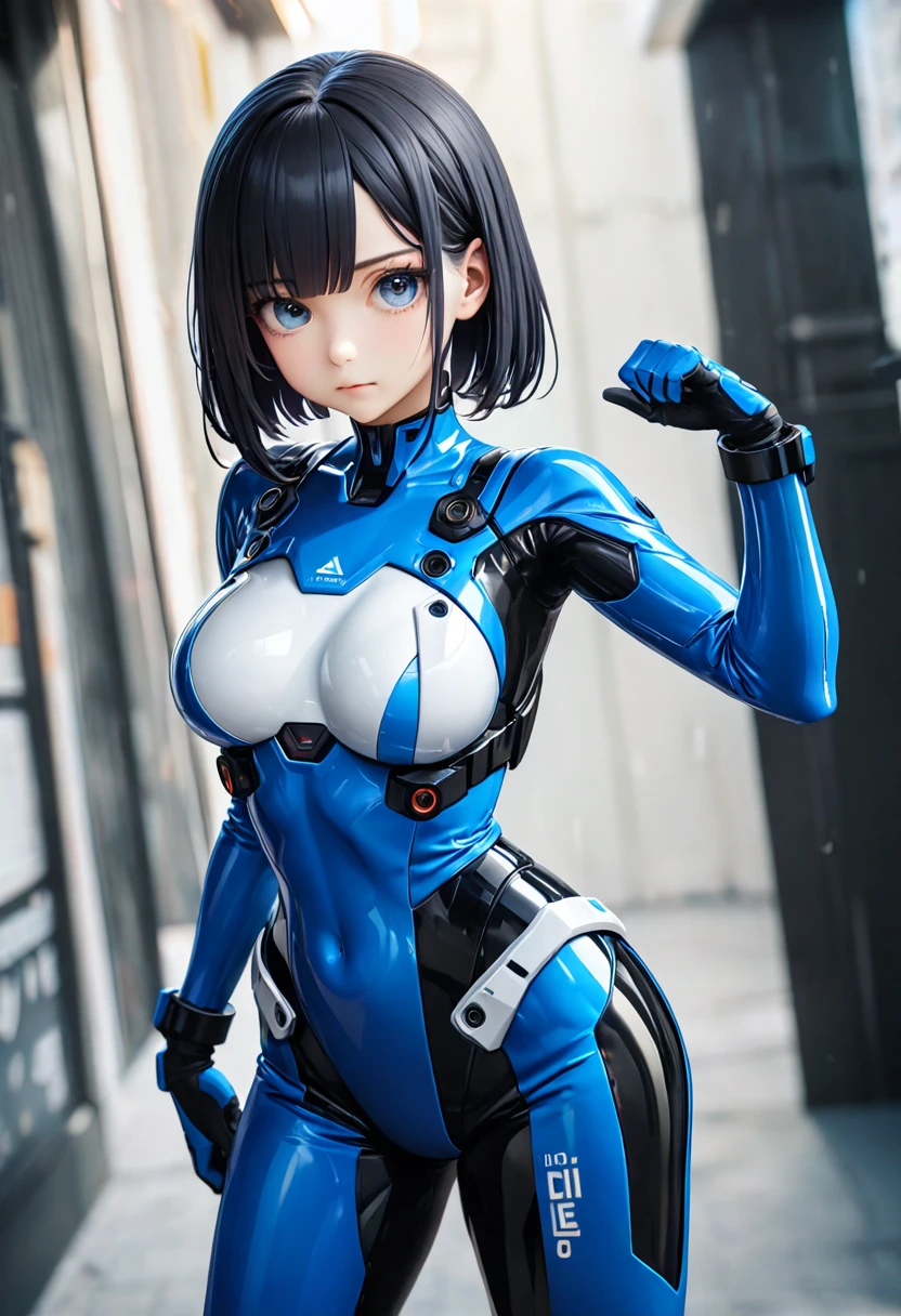 Best Quality, masterpieceUltra HD, 8k,SF， cyber blue suit，Black Hair，青 eyes，Shortcuts, Best Quality,High resolution, Ultra HD, blue eyes、 smaller breasts、Proud expression