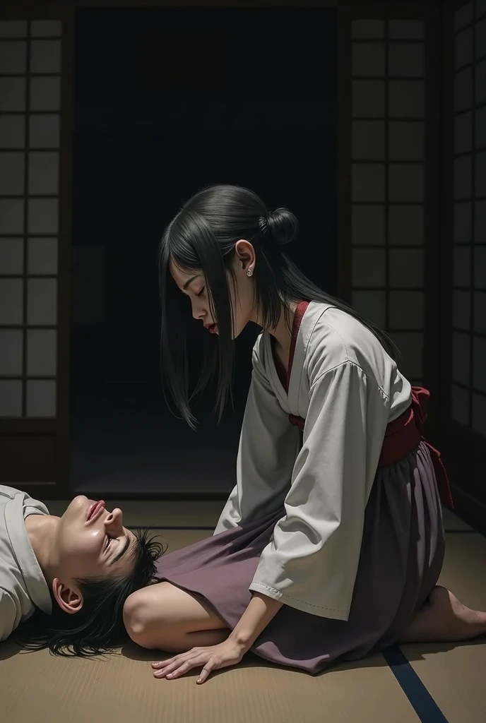 A man home kidnapping a Japanese girl wearing a kimono and the man pulling her