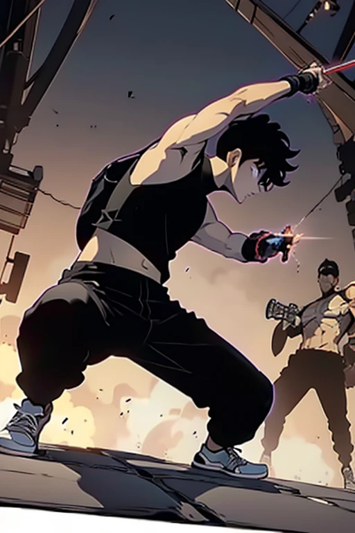 boy, black hair, brown eyes, black turtleneck tank top, cargo pants, and All Star sneakers, full body,two daggers in his hands, battle scene