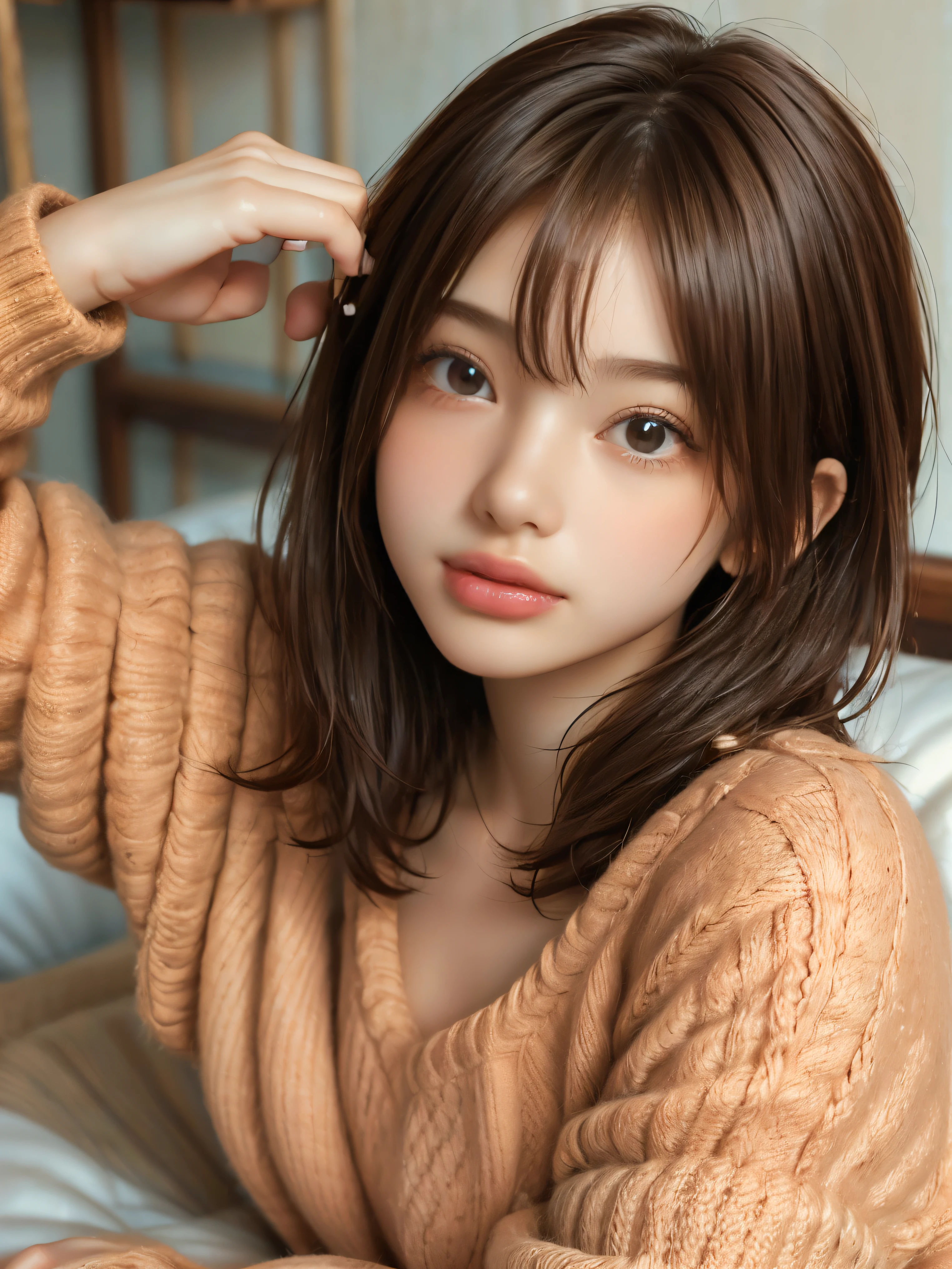 (( Software : 1.4)),   Detailed Face ,  cute face, Brown Eyes , Masterpiece , Best Quality ,  several people having fun with each other while having very detailed  ,  full nude , c brown short hair ,  side locks - hair ,  cute woman who feels young , 18 year old Japanese female, Lie down ,  raise your arms  , side , the above , Japanese , smile , bedroom