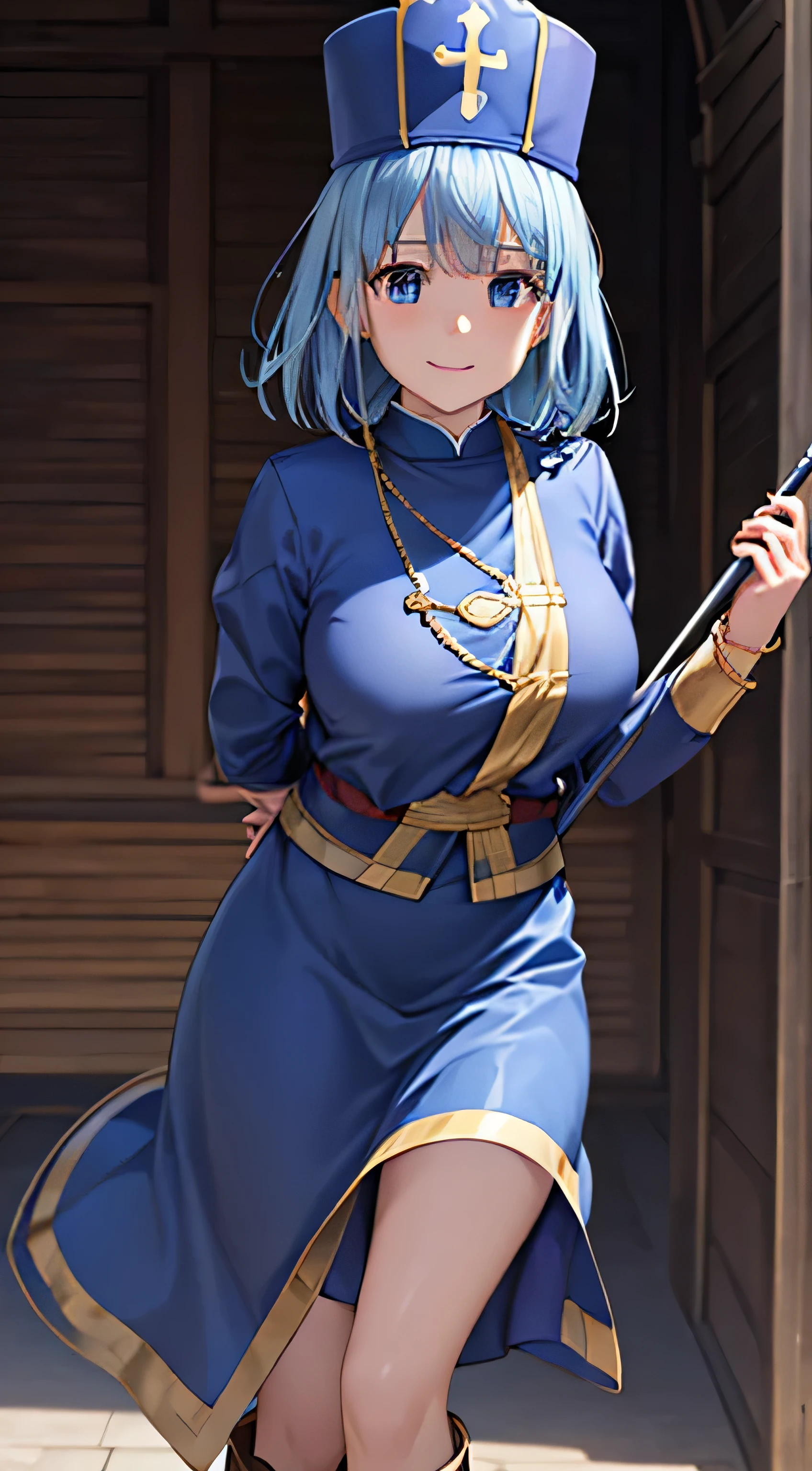 ((masterpiece, Best Quality, Hi-Res, , Perfect Pixel , 4K, ))), 1 woman, single, Alone, Beauty、The whole body is visible、 ((( light blue straight hair holding a monk's wand))),( bangs, ), (( beautiful eyes, beautiful eyelashes , Real Eyes )), (( Detailed Face , )), (( smooth texture:0.75, Realistic texture:0.65, photorealistic:1.1, anime CG style)), medium chest, dynamic angle that raises one leg terribly, perfect body, ((Priest costume、(luxurious blue mitra、blue long tabert)、 Bracelets、Priest hat 、、 brown leather boots 、Gold Circlet))、cathedral、The gorgeous shining monk's cane 、Sideboob、、、、、 and a very embarrassed panic smile、 cute smile、 、 ( The wind rolled up the skirt、、Pose to hold your chest with both arms、 lean forward、)、