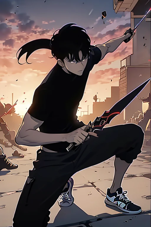 boy, black hair, brown eyes, black turtleneck tank top, cargo pants, and All Star sneakers, full body,two daggers in his hands, battle scene, with scars on the body