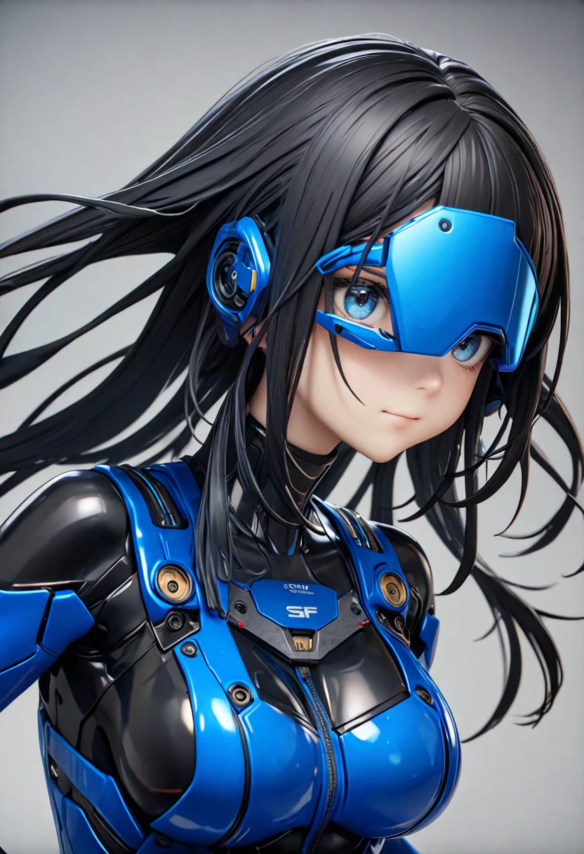 Best Quality, masterpieceUltra HD, 8k,SF， cyber blue suit，Black Hair，青 eyes，Shortcuts, Best Quality,High resolution, Ultra HD, blue eyes、 smaller breasts、Proud expression