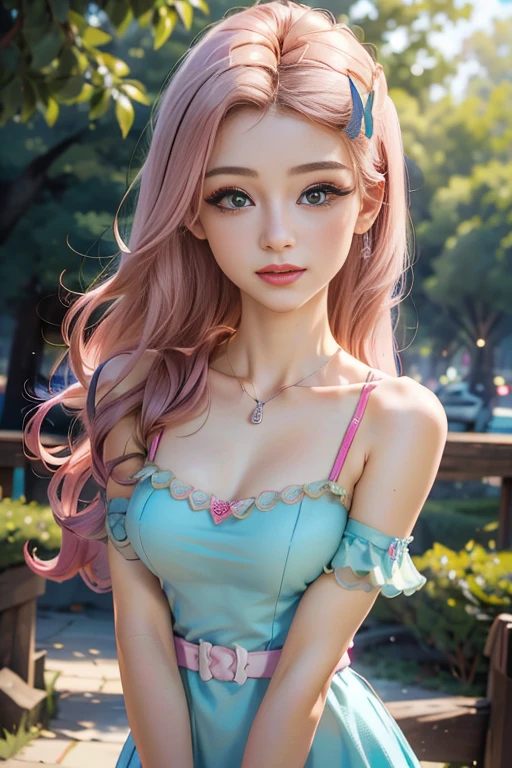 (masterpiece), best quality, expressive eyes, perfect face, (dance hall with light beams background), (dancing), (closeup view), (smirk), (1girl, age 18+, Belle Delphine face, fair skin, light-pink hair, long wavy hairstyle, blue eyes, hourglass figure, thin body, skinny body, petite_body, small breasts, wide hips, thick thighs), (gold strap v-neck minidress, exposed cleavage, hoop earrings, necklace), belledel