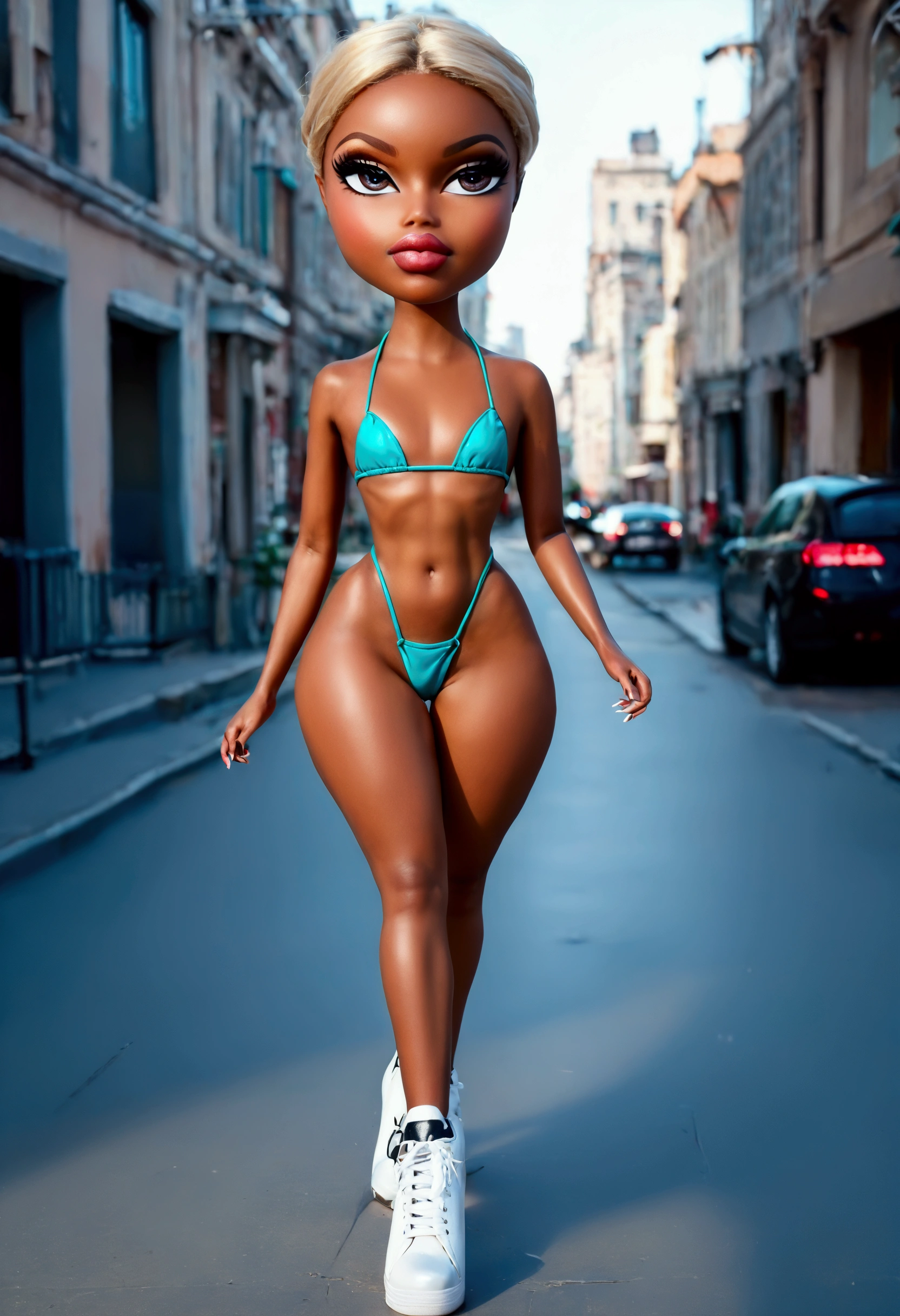 score_9, 1girl, dark-skinned White woman, blonde hair, tiny bikini top, thong, flat chested, thick thighs, outside, symmetrical eyes, looking at the viewer, in love, pov from the front side, wearing sneaker-heels, walking in the city