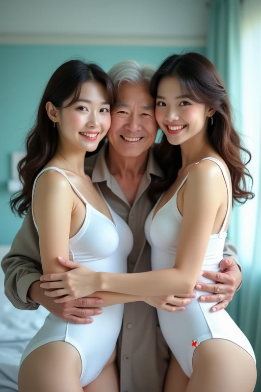 (((80 years old white man and young thai beautiful 3 girls))), {3 girls, 20-year-old, sexy girls, strikingly beautiful, black hair, big breasts, delicate facial features, red lips, expressive eyes, highest quality, debris flies、kind smile, choice time、Hostess 、(skin tight colorful camisole dress)、high heels、in the karaoke room、neon, (((fold your hands in front of old white man)))}, (((80 years old white man wearing white shirt and gray hair))), (((((80 years old korean man hug young girls and laughing)))), (((young girls hugging 80 years old white man))),