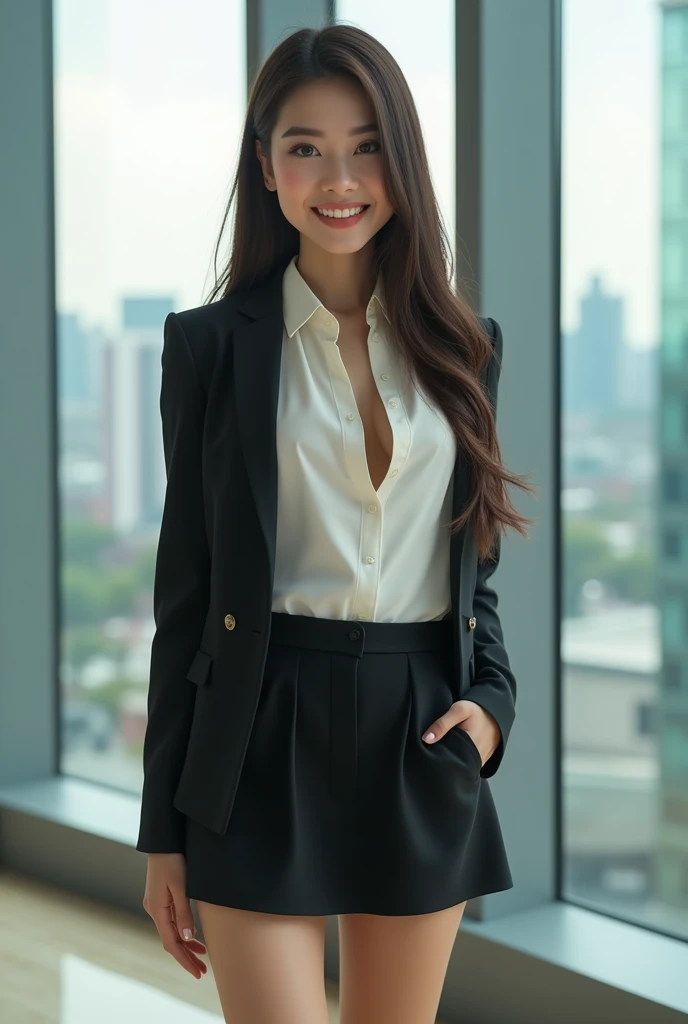(masterpiece, Highest quality, Realistic, Very detailed, In detail, High resolution, 8k wallpaper), Beautiful woman closeup, Standing by the lake, necklace, smile, Light brown messy long hair, Wearing a black business suit, White collar see-through blouse, A blouse worn directly on the skin without underwear,Blouse unbuttoned to the chest,see-through chest,Exposed breasts,Tight short skirt, Large Breasts, Perfect dynamic composition, Beautiful details, Detailed Hair, Detailed and realistic skin texture, Fashion magazine cover, Professional photography, ,xx mix_1