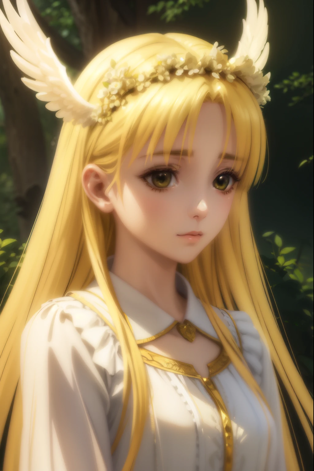 A beautiful young girl with yellow hair and angelic wings, highly detailed anime style illustration, 1girl, detailed facial features, long eyelashes, flower crown, elegant pose, cinematic lighting, vibrant colors, digital painting, masterpiece, photorealistic, 8k, best quality