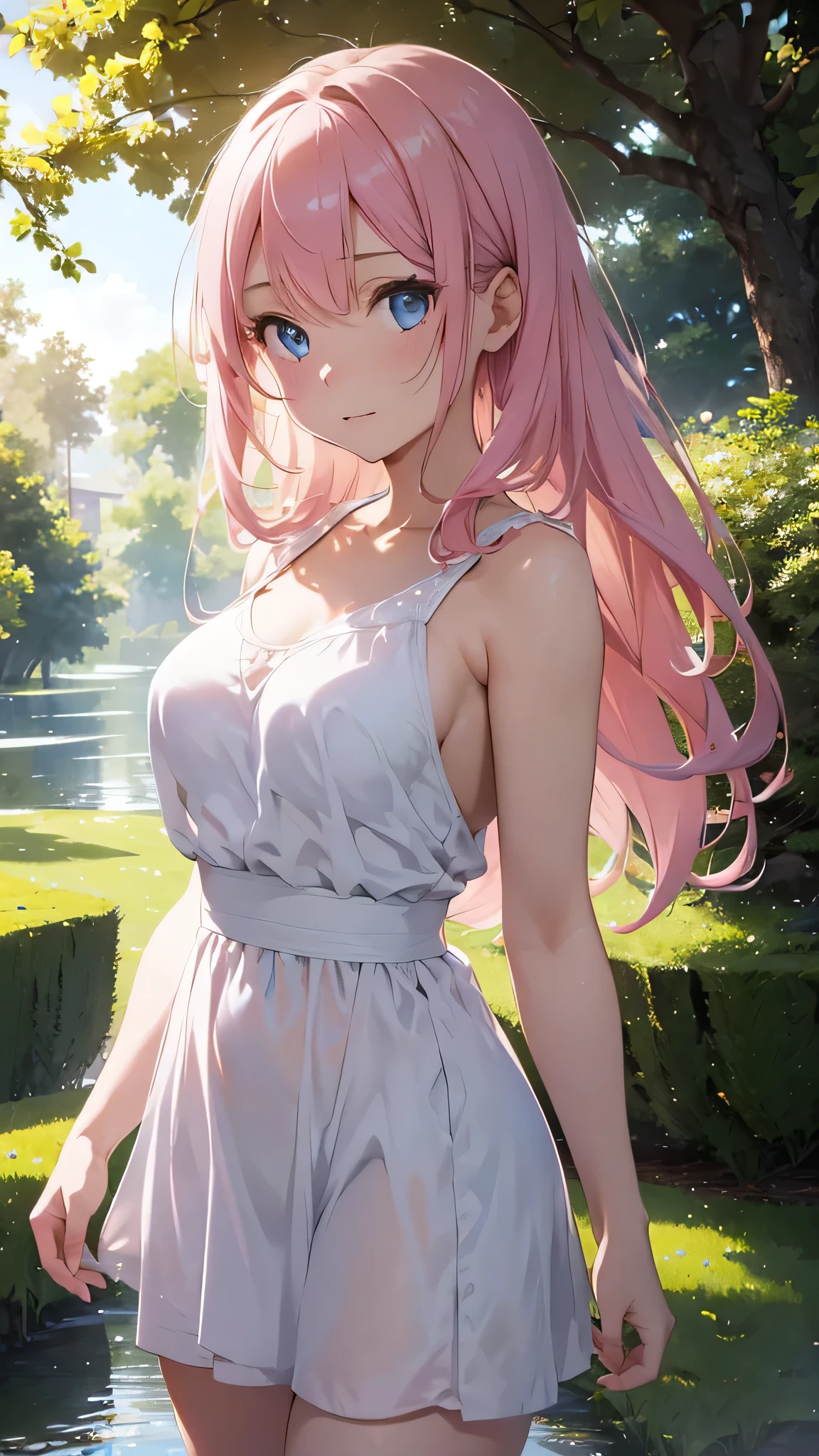a beautiful girl with flowing pink hair, blue eyes, delicate facial features, porcelain skin, serene expression, graceful pose, wearing a flowing white dress, surrounded by a lush, vibrant garden, sunlight filtering through the trees, creating a warm, dreamlike atmosphere, (best quality,4k,8k,highres,masterpiece:1.2),ultra-detailed,(realistic,photorealistic,photo-realistic:1.37),portrait,vibrant colors,natural lighting