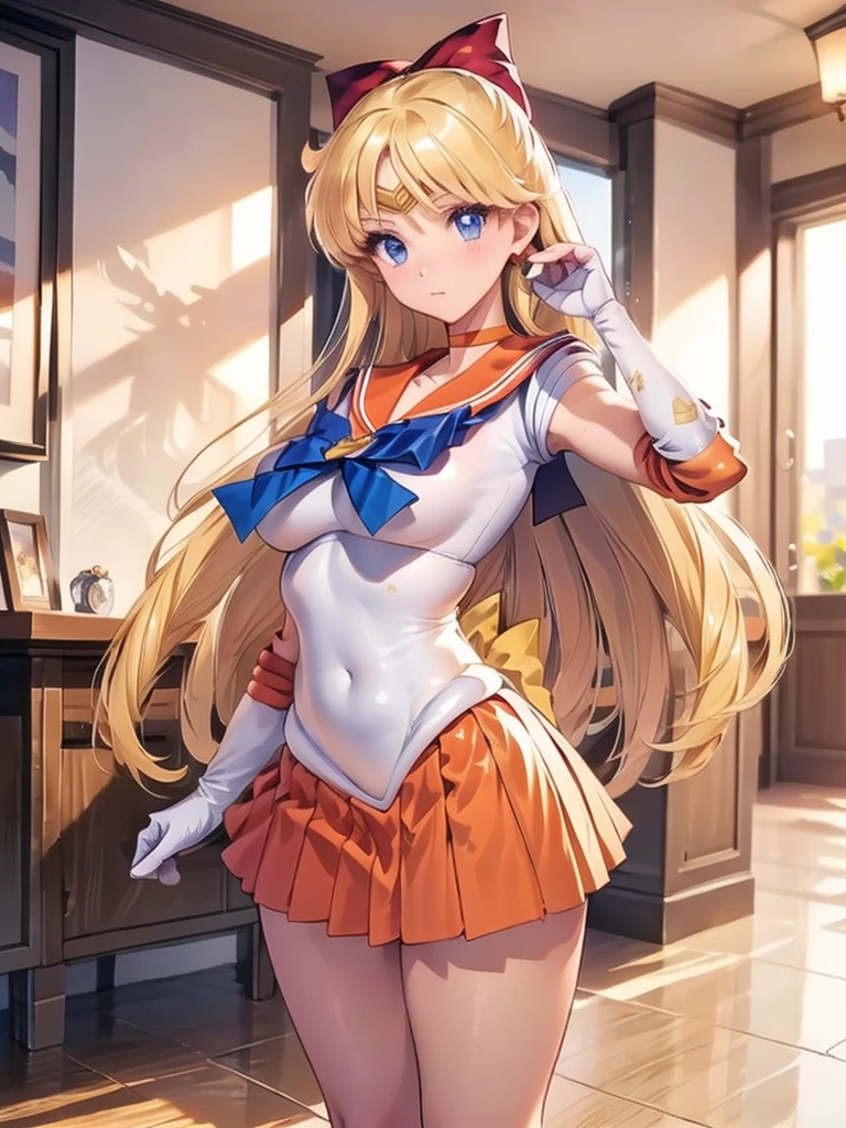 Best Quality、 Sailor Venus、 panties visible 、Long legs、Beautiful breasts、 cute face、 from the front、flipping up the skirt、（Full body image）、 high heels、 standing、 is leggy、 your legs are crossed、a girl, standing, full body shot