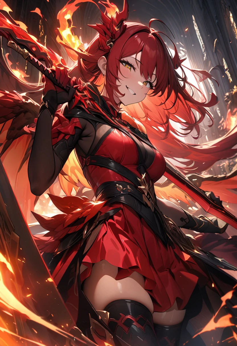 (masterpiece,  best quality:1.2,UHD,High Resolution、Detailed depiction)、 one woman、Red Hair、Black inner color、Incarnation of Fire 、Wings of Fire、 Sexy Smiles 、 sword with a red sword and a black blade、The sword is wearing fire 、Dazzling lights are scattered around、Big Magic、 dynamic lighting 、 Flashy and Luxurious Effects、Golden Time 