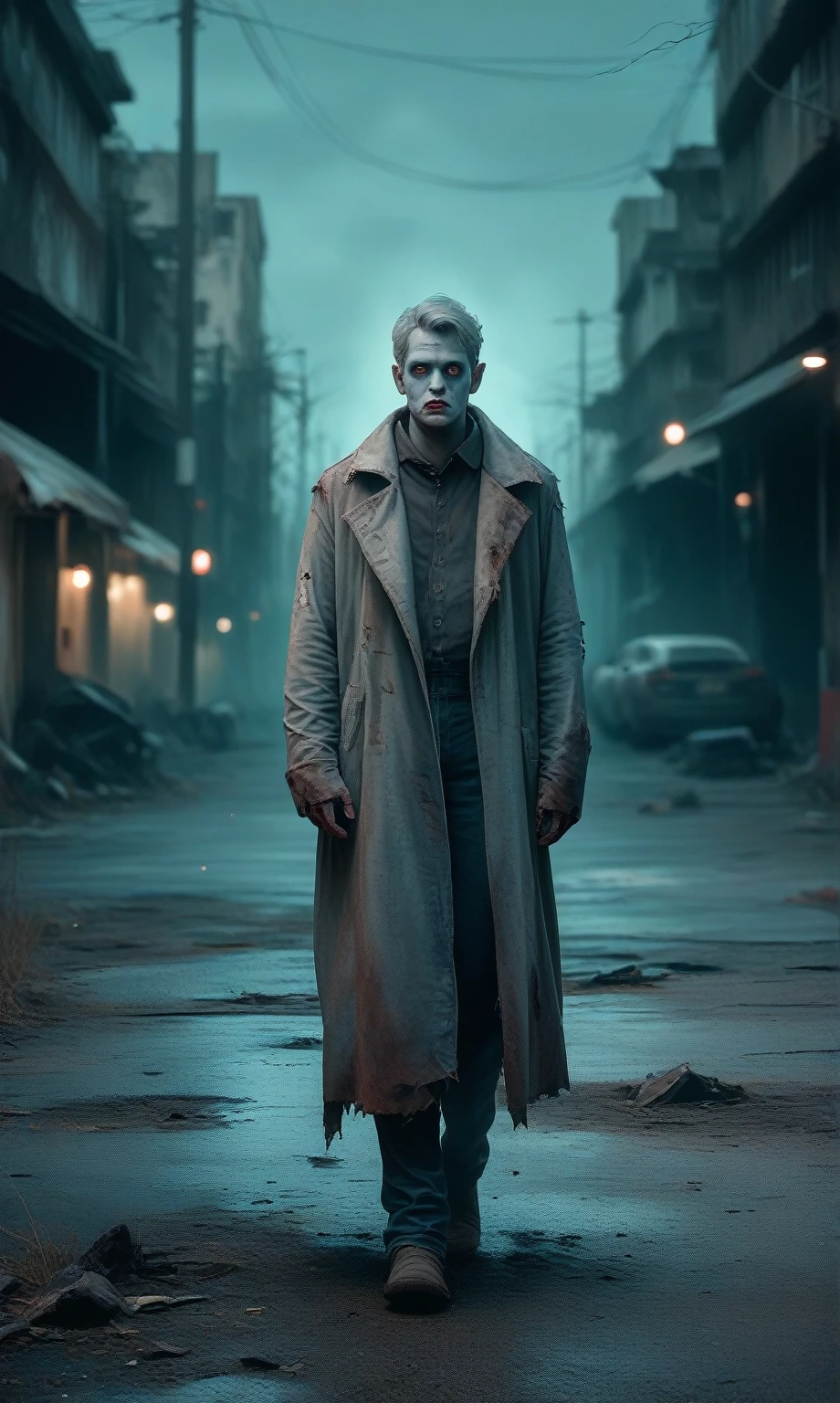 score_9, score_8_up, score_7_up, score_6_up, photo, realism, photorealistic, grandfather, long gray hair, zombie hunter, elements of post-apocalyptic clothing, walking along a destroyed street, (dark background), looking at the viewer, gloomy atmosphere, apocalypse, depth of field, gloomy lighting