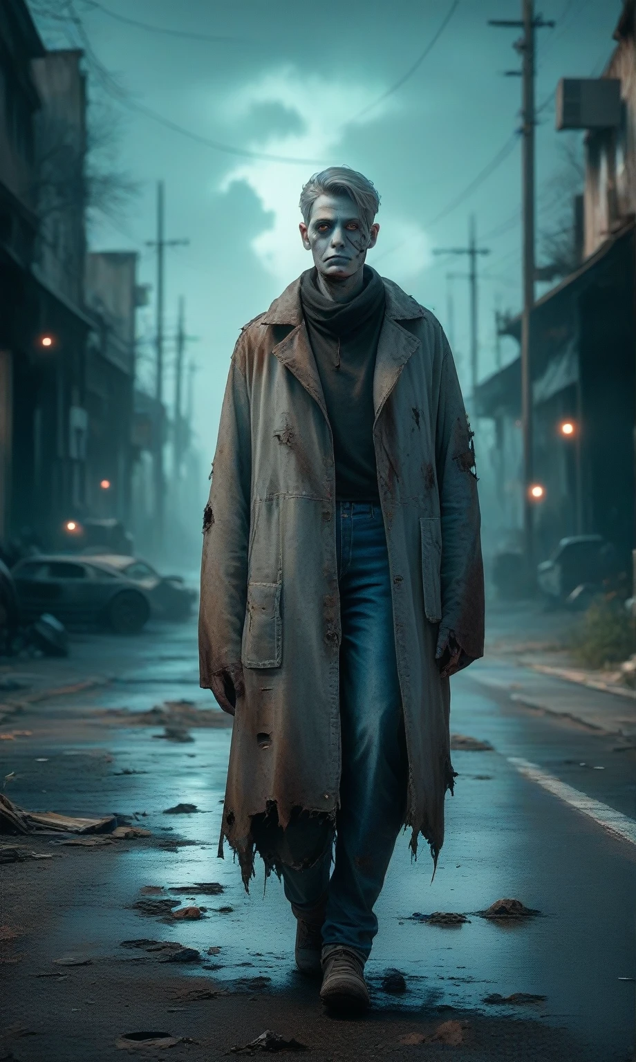 score_9, score_8_up, score_7_up, score_6_up, photo, realism, photorealistic, grandfather, long gray hair, zombie hunter, elements of post-apocalyptic clothing, walking along a destroyed street, (dark background), looking at the viewer, gloomy atmosphere, apocalypse, depth of field, gloomy lighting