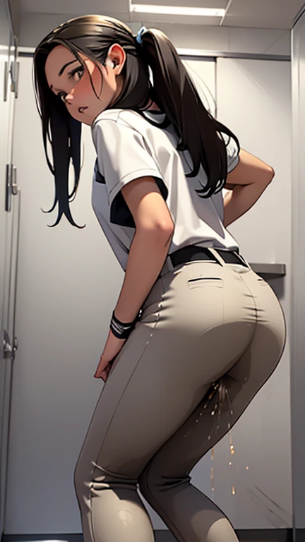 adult woman, very tall, Baseball player, in the locker room, she is too tall for the small locker room, she is too tall too stand up straight, her head touches the ceiling, White uniform, baseball cap, brown braids hair, curvy, thin waist, thigh gap, thick thighs, big butt, bubble butt, hands in the air, crotch visible, peeing self, wetting self, pee flowing into her pants, glistening pee stain on crotch, pee flowing from her crotch down her legs, ((backside view))